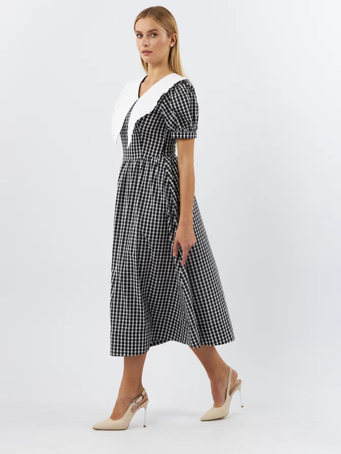 Платьеиз хлопка с большим контрастным воротником OD-935-1 клетка ч/б