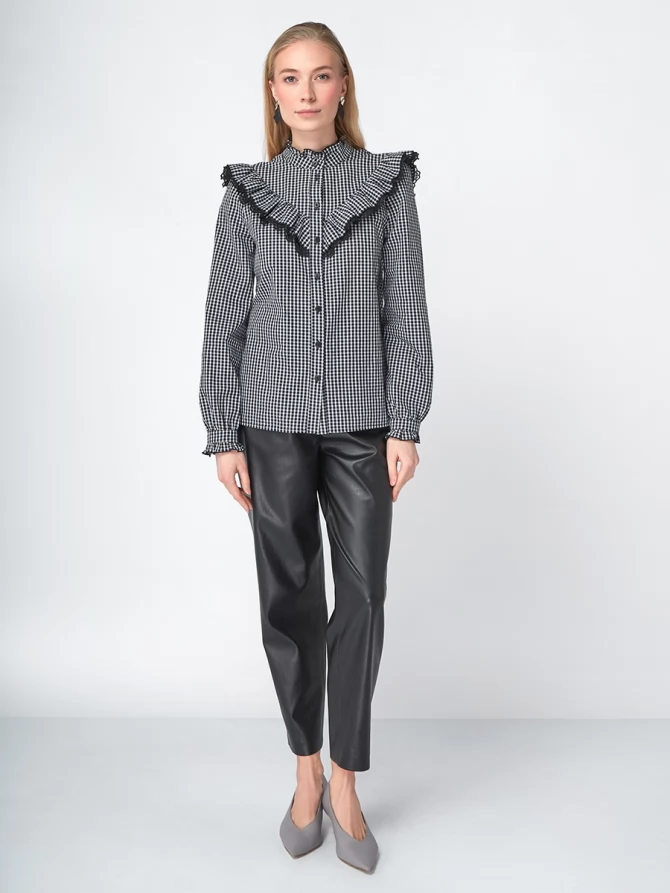 Блузка из хлопка с кружевом OD-896-1 ч/б клетка