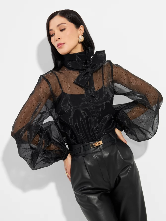 Блузка из органзы с мушками и галстуком OD-986-1 черный