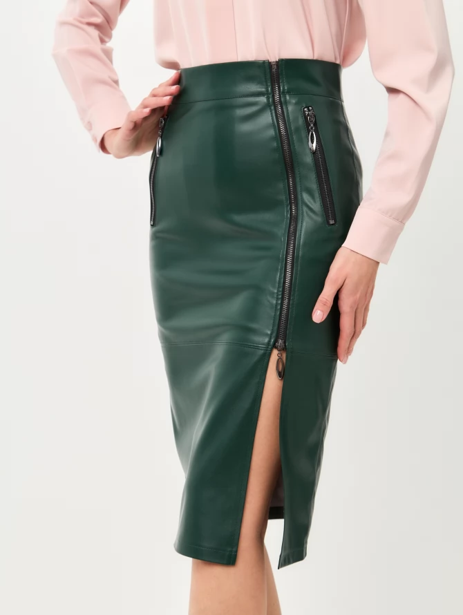 Юбка из эко-кожи с 3-мя молниями OD-863-3 т.зеленый