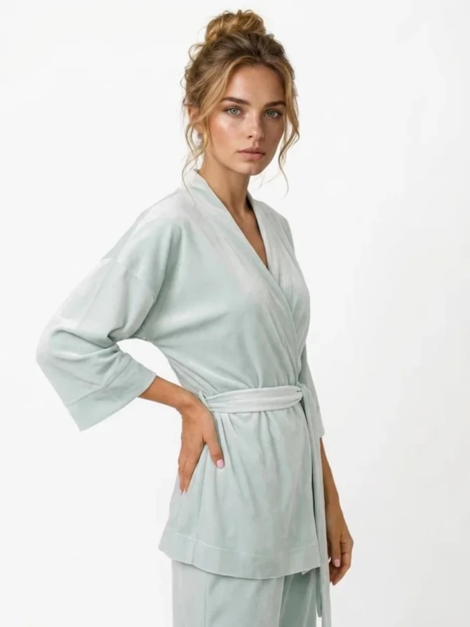 Пижама кимоно и брюки палаццо из велюра серо-зеленая