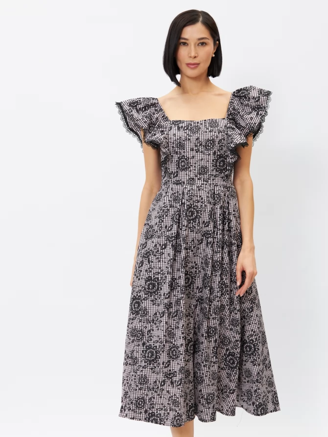 Платье из хлопка с кружевом OD-945-1, клетка ч/б с напылением