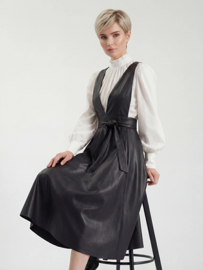 Сарафан миди из эко-кожи с V-вырезом и поясом