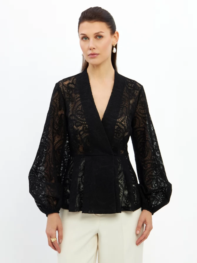 Блузка из кружева с баской и поясом OD-1033-2 черный