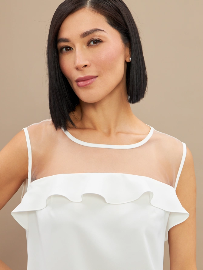 Блузка без рукавов с сеткой и воланом, белая