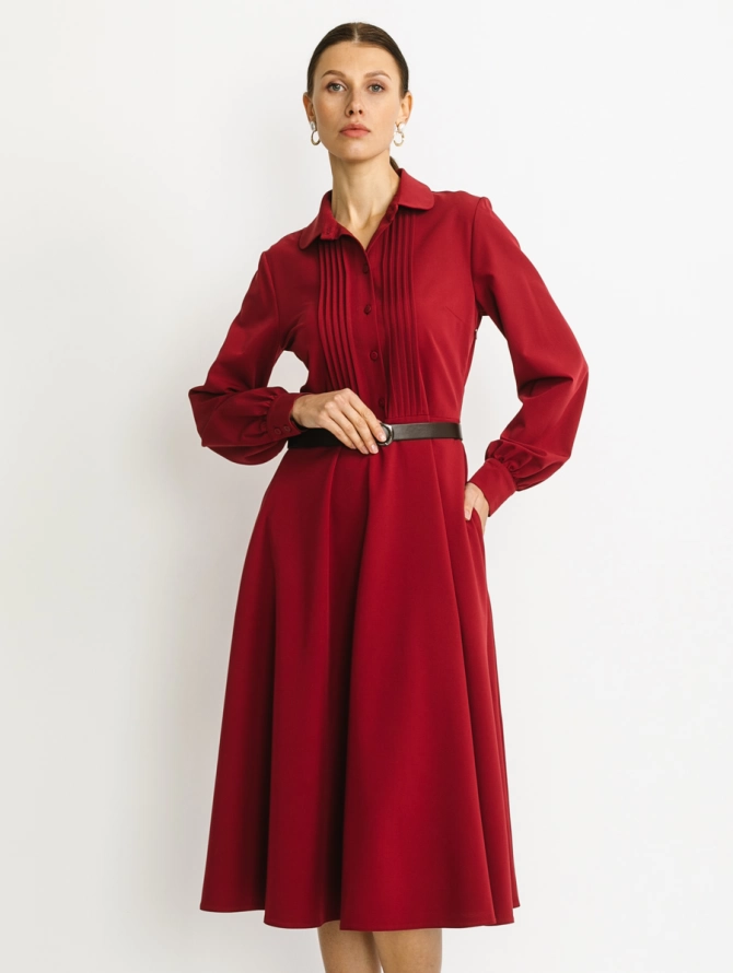 Платье бордовое миди с отложным воротником и складками OD-841-3