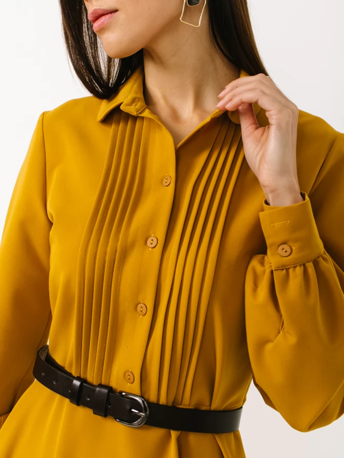 Платье из костюмной ткани с контрастным воротником и манжетом OD-841-1 горчица