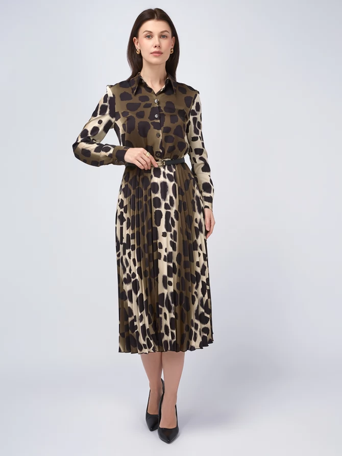 Платье с юбкой плиссе OD-883-1 леопард коричневый с хаки