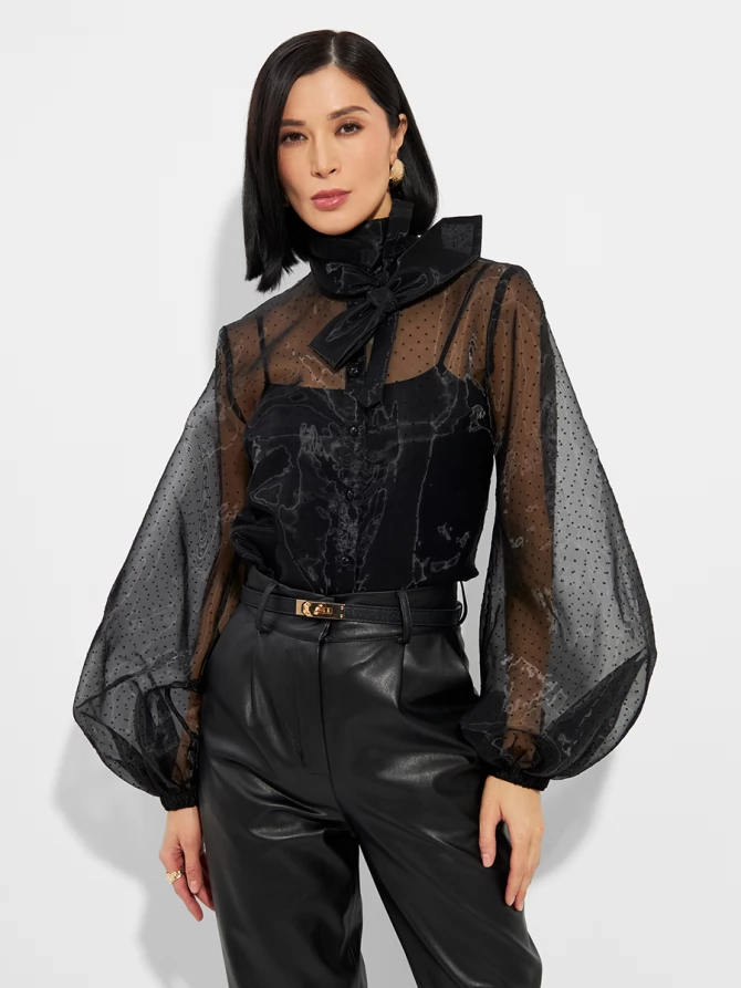 Блузка из органзы с мушками и галстуком OD-986-1 черный