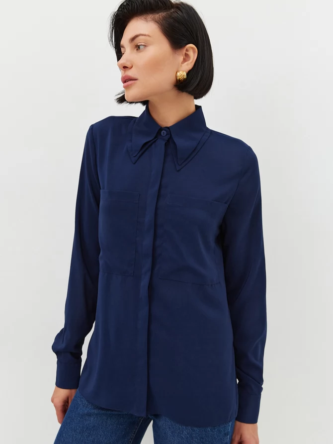 Блузка из шифона с двойным воротником OD-805-2 т. синий