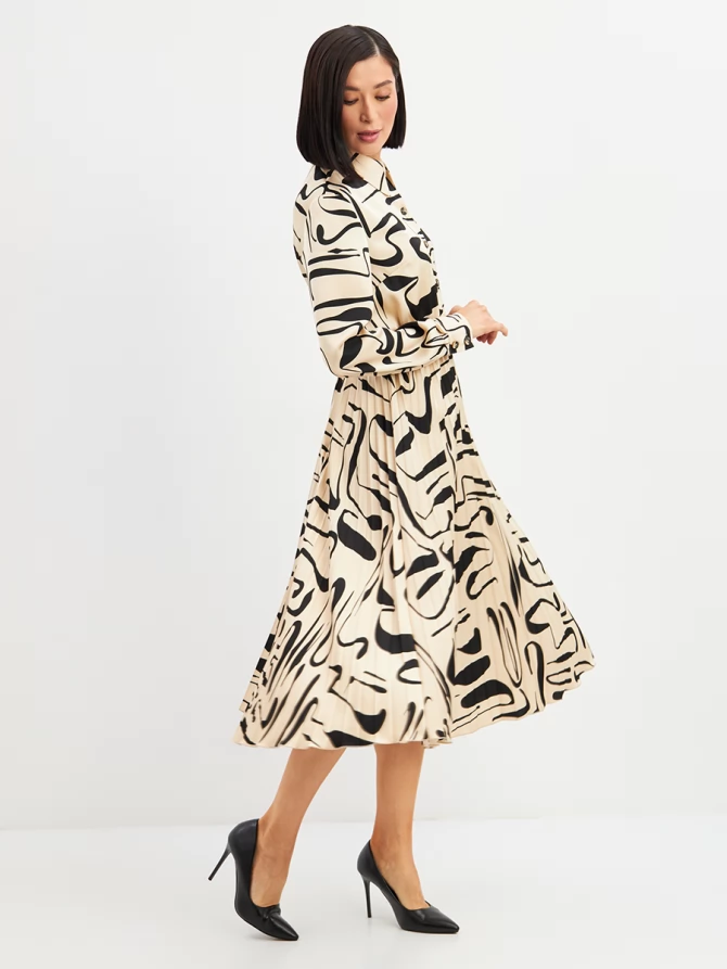 Платье с юбкой плиссе OD-883-3 бежевый с черными разводами