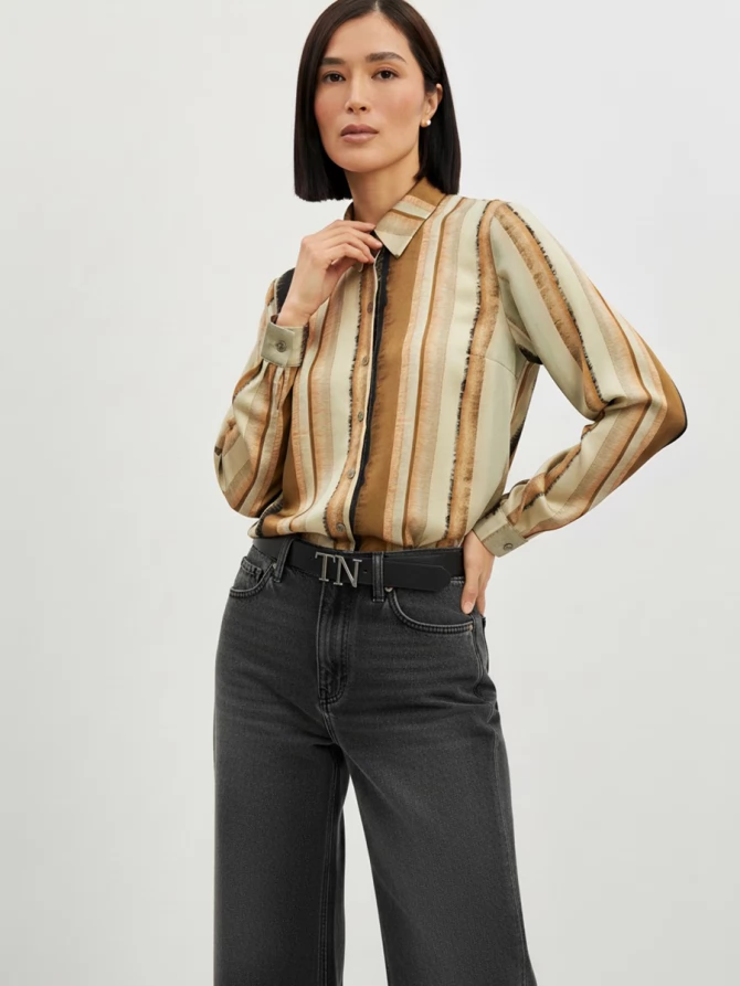 Блузка из атласной ткани OD-887-6 коричневый с серой полосой