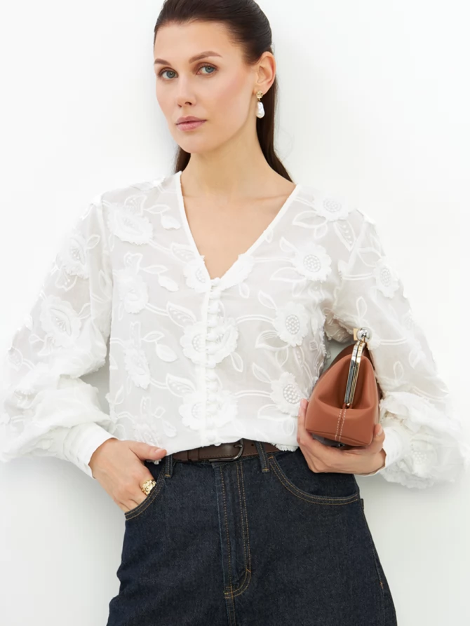 Блуза с обьемной вышивкой OD-987-1 белый ( обьемный цветок)