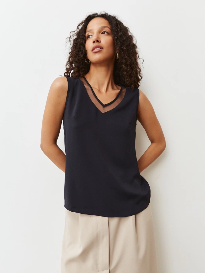 Топ со вставкой из сетки т.синий