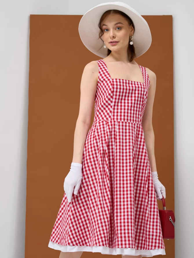 Платье хлопковое х-силуэта в красно-белую клетку