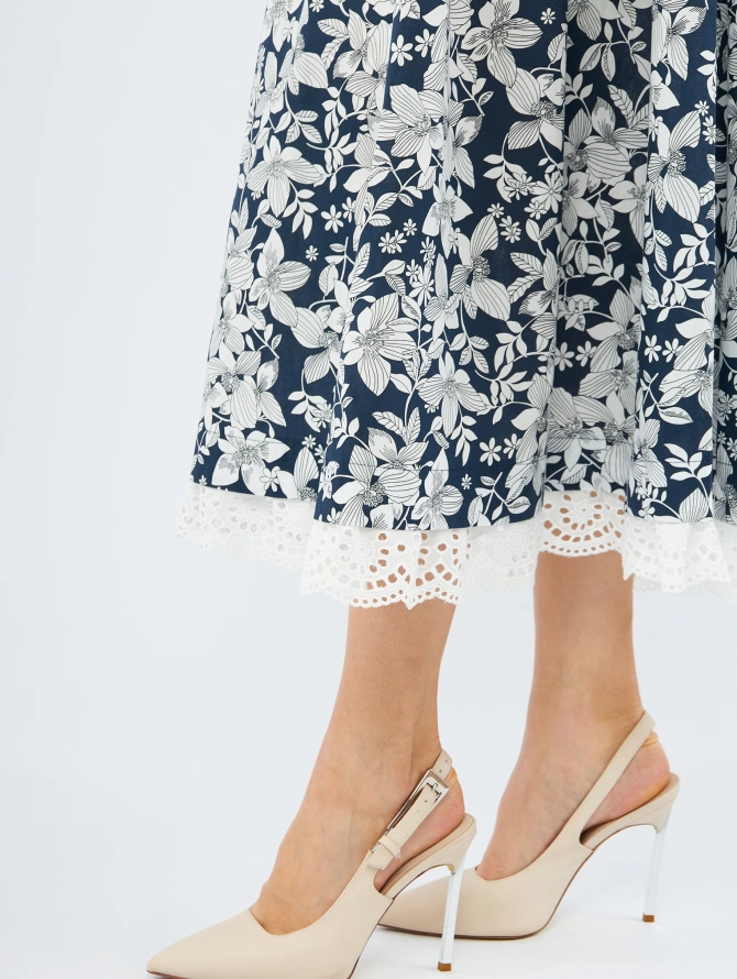 Платье из хлопка с кружевом OD-925-2 крупные белые цветы на синем