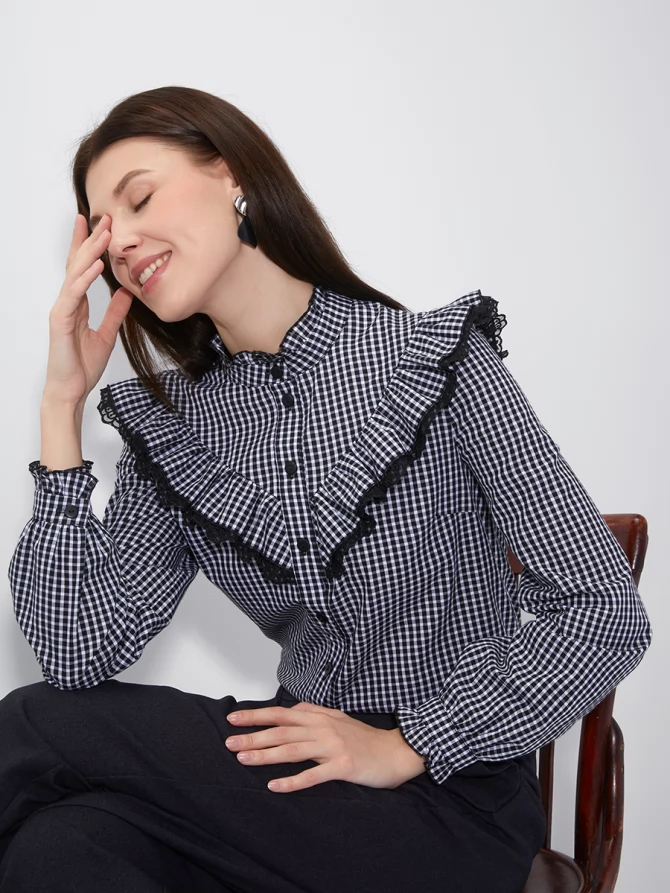 Блузка из хлопка с кружевом OD-896-1 ч/б клетка
