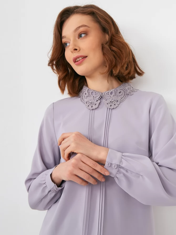 Блузка с кружевным воротником OD-861-4 светло-сиреневая