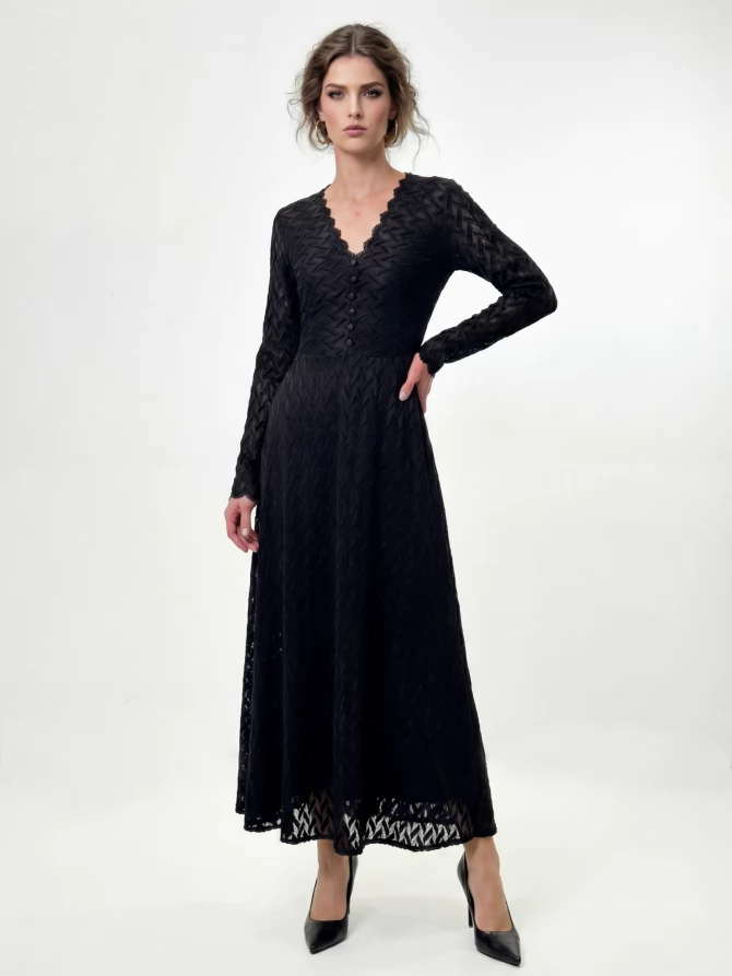 Платье из трикотажного кружева на подкладке с V-образным вырезом, черный, с фестонами