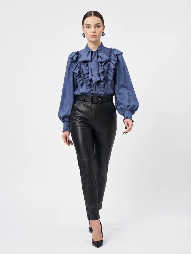 Блузка с рюшами и воротником-завязка OD-988-3 синий