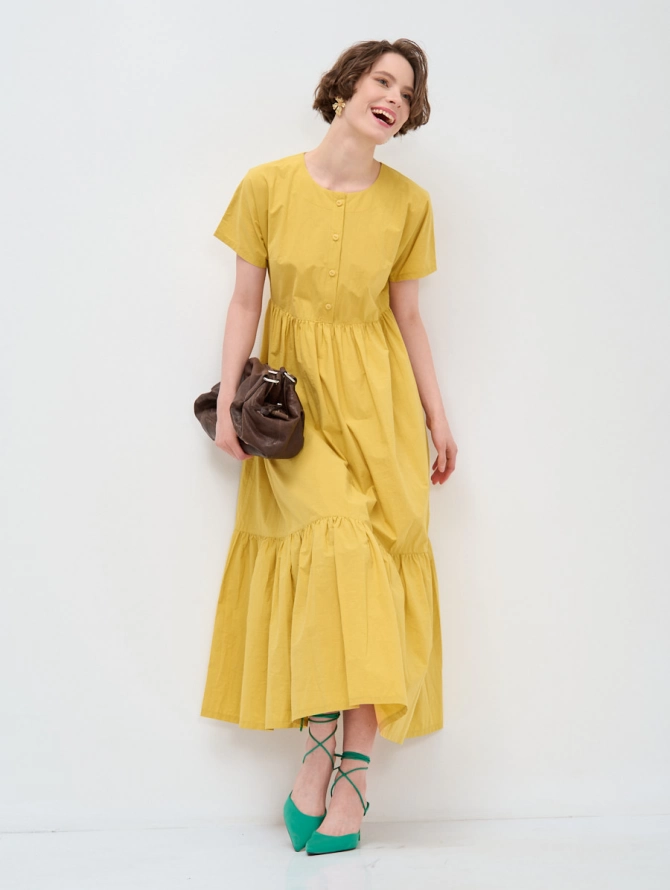 Платье хлопковое миди со спущенной проймой и воланом, цвет горчица