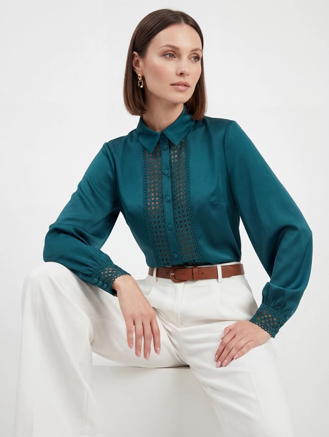 Блузка с кружевом OD-808-3 зеленая