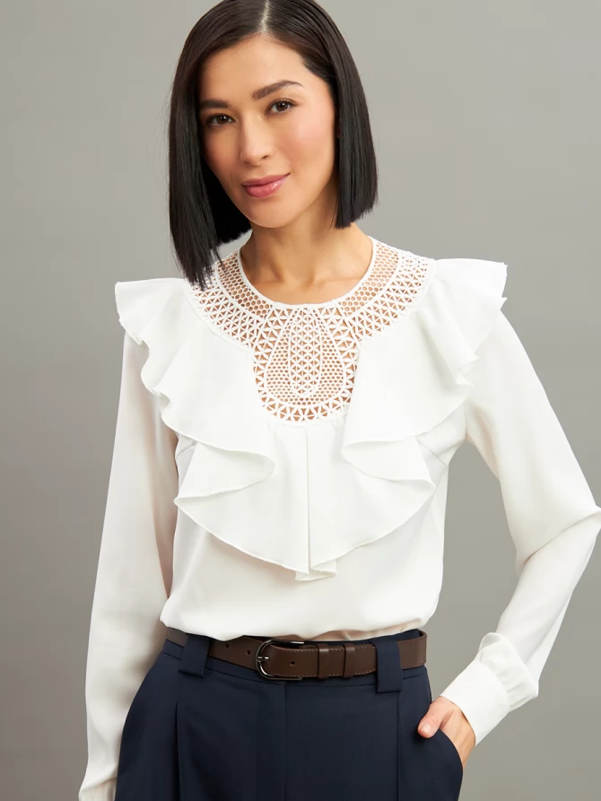 Блузка со вставкой из кружева и рюшей OD-1000-1 белый