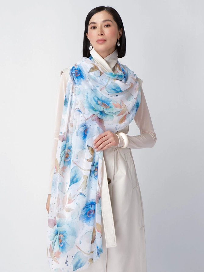 Палантин женский с акварельным цветочным принтом KSH16-123-2