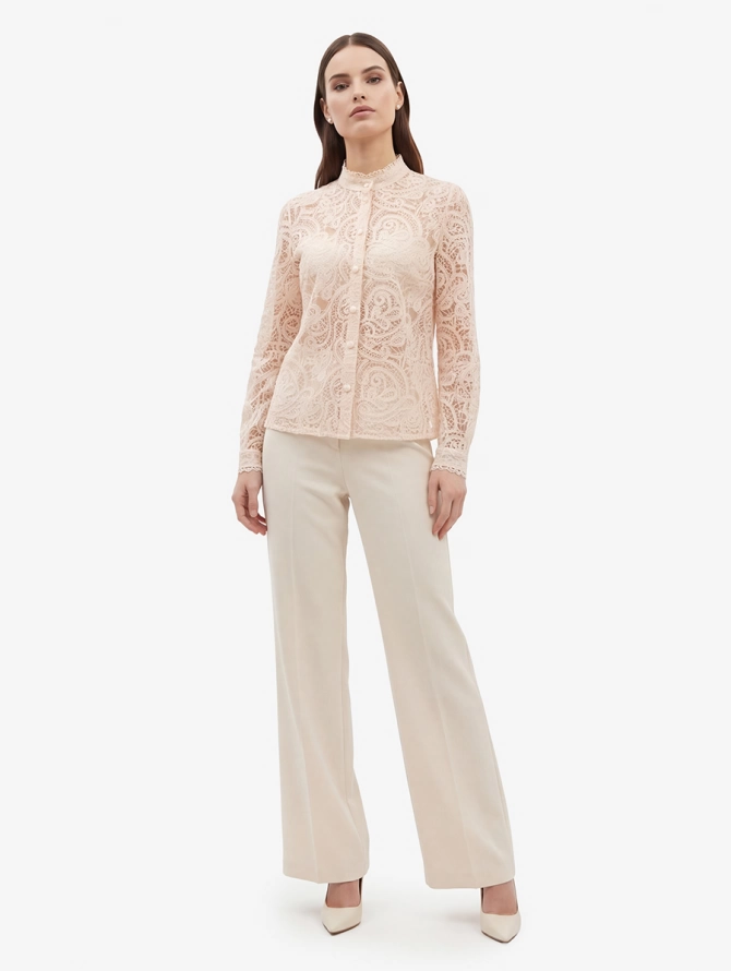 Блузка кружевная с воротником-стойкой, лосось