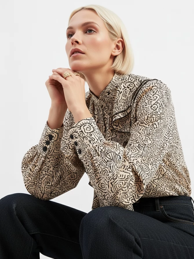 Блузка с отлетными рюшами OD-914-5 бежевый с черным