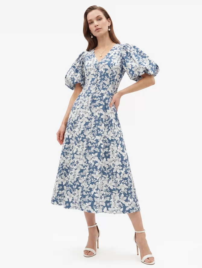 Платье из хлопка с пышным рукавом OD-1051-2 крупные белые цветы на сером