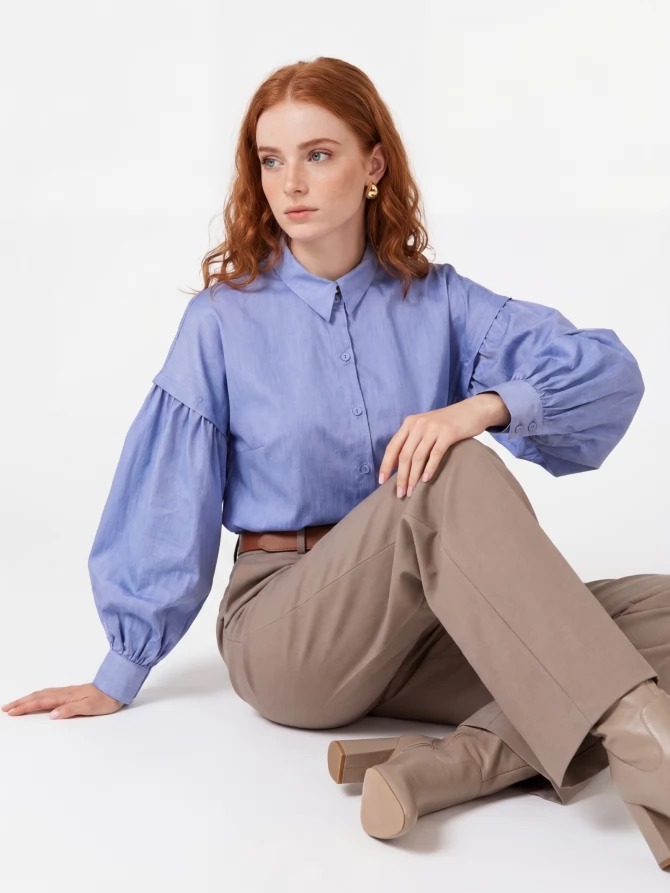 Рубашка с пышным рукавом OD-879-3 голубой джинс