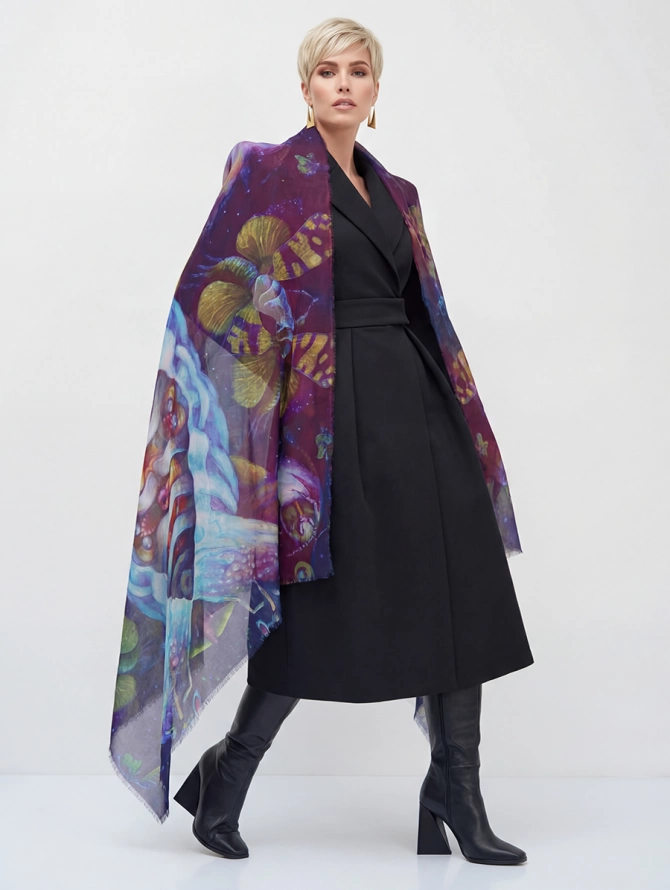 Платок двусторонний с арт-деко принтом и бахромой