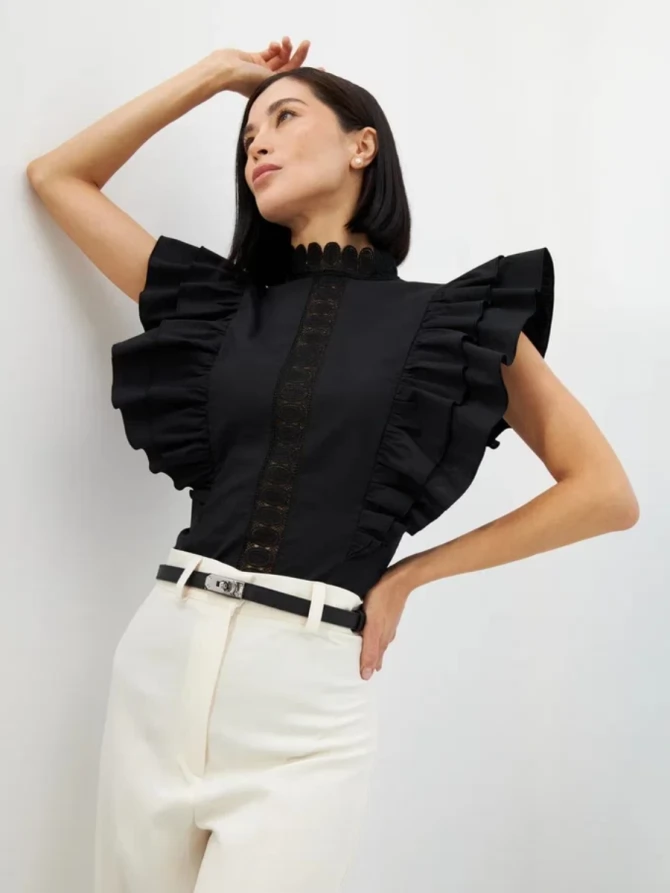 Блузка из хлопка с крыльями и кружевом, черная