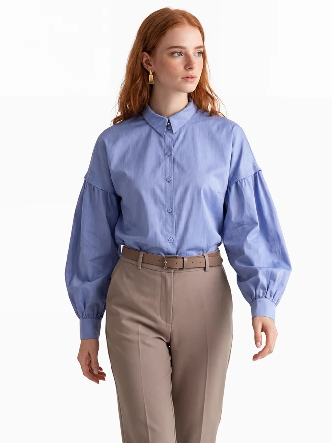 Рубашка с пышным рукавом OD-879-3 голубой джинс