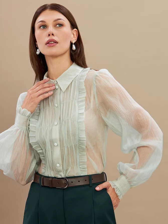 Блузка из органзы со сборкой OD-928-3 серо-зеленый
