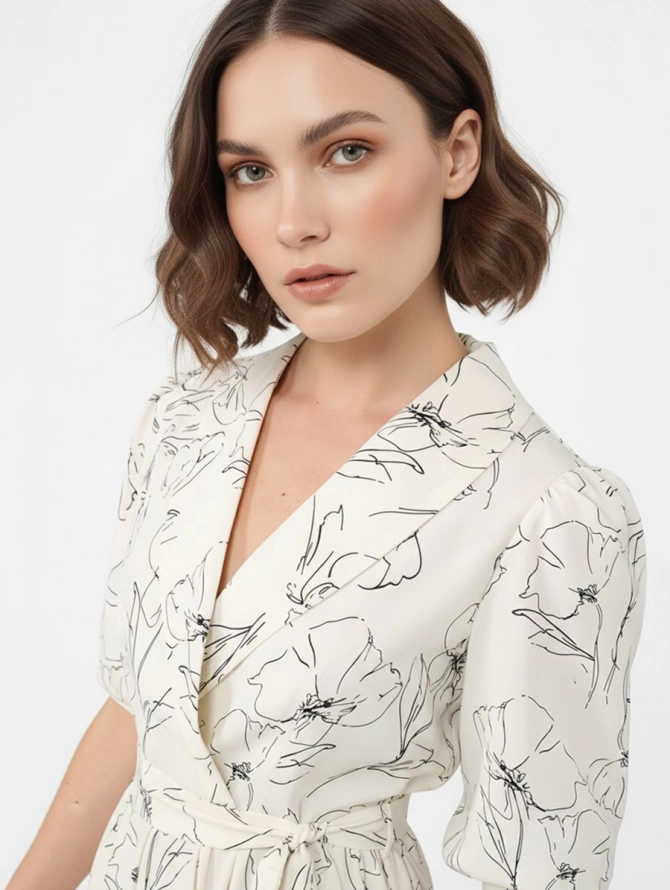 Платье с шалевым воротником и принтом, молочное OD-811-2