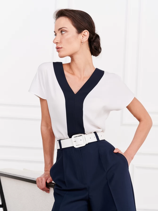 Блузка с контрастной отделкой OD-859-1 белый+синий