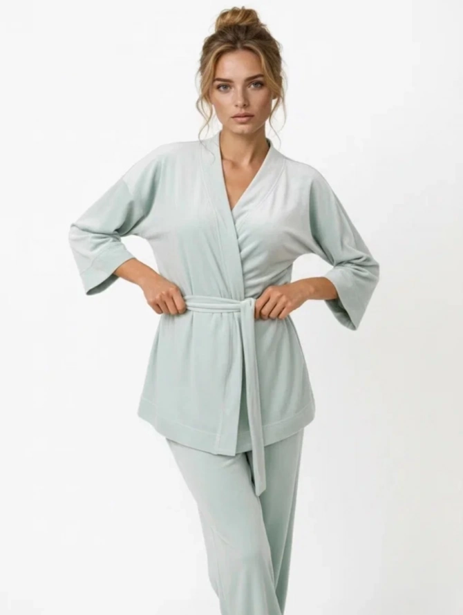 Пижама Кимоно+брюки из велюра OD-836-2 серо-зеленый