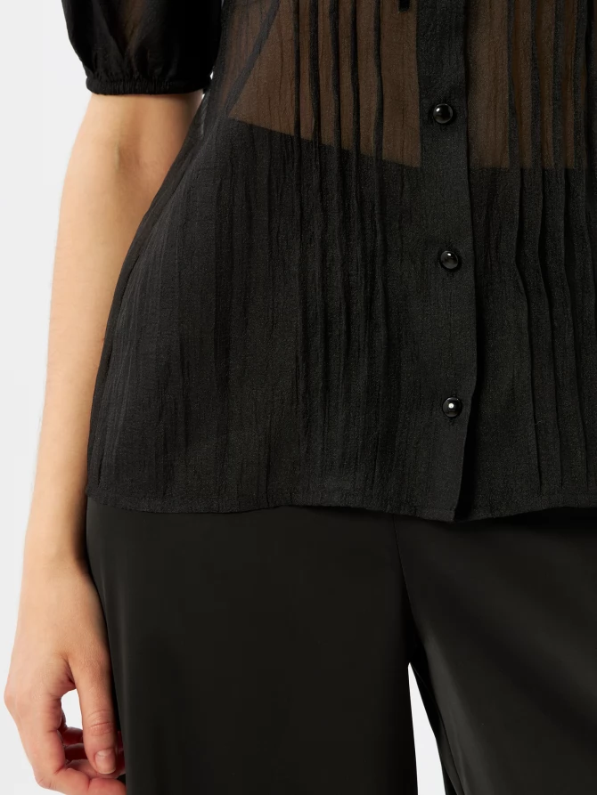 Блузка из органзы с бархатной завязкой и защипами  OD-951-3 черный