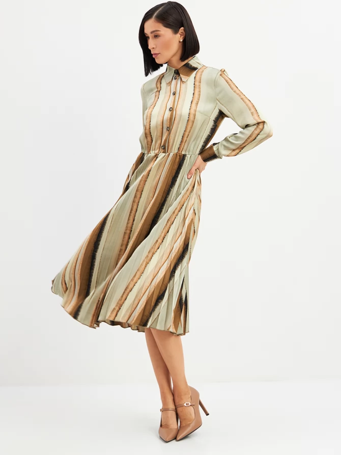 Платье с юбкой плиссе OD-883-2 коричневая с серой полосой