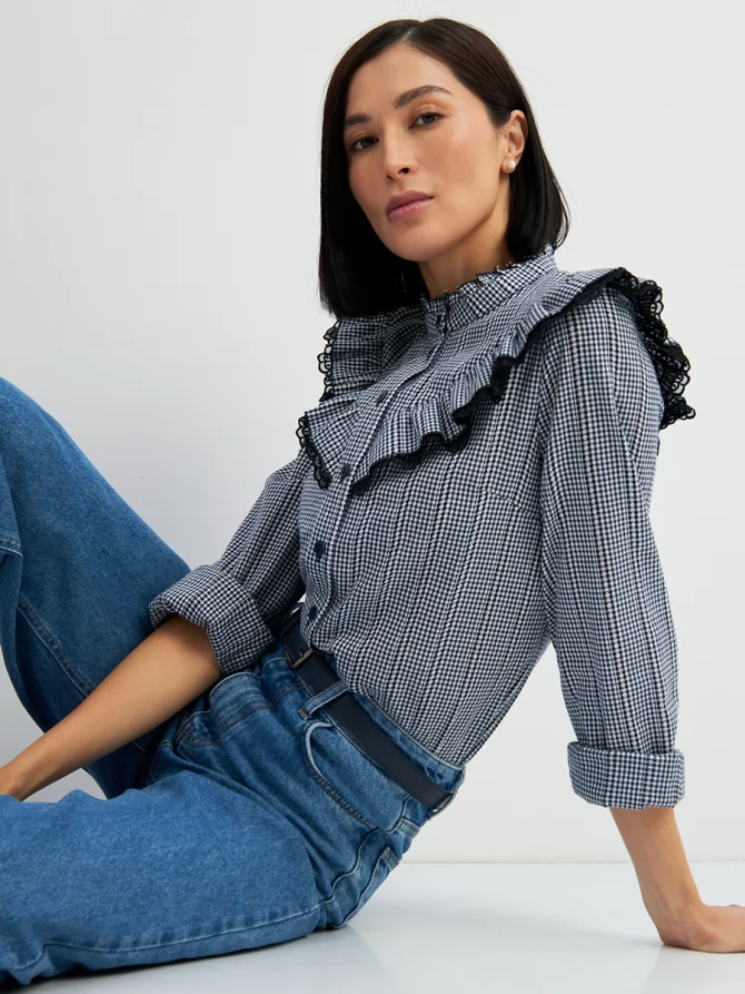 Блузка из хлопка с кружевом OD-896-2 сине- белая мелкая клетка