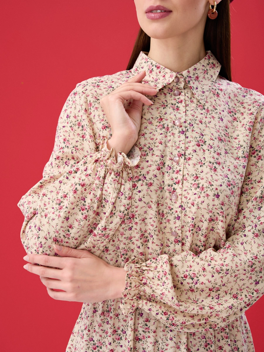 Платье-рубашка с воланом и цветочным принтом