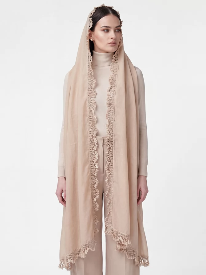 Палантин женский с кружевной отделкой и бахромой SHUT-152-1