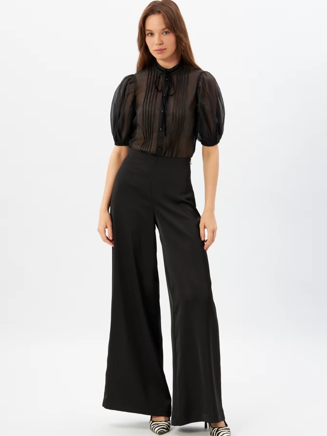 Блузка из органзы с бархатной завязкой и защипами  OD-951-3 черный