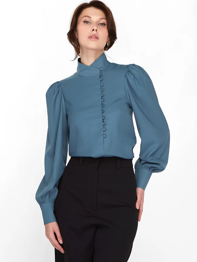 Блуза-косоворотка много пуговиц OD-550-14 серо-зеленый-голубой (морская волна)