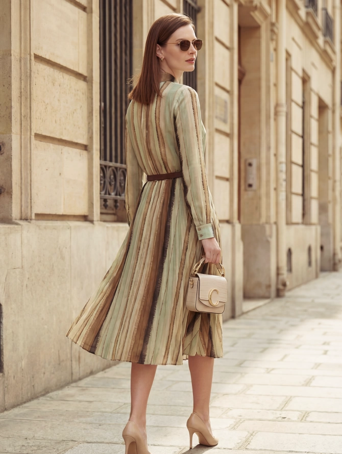 Платье с юбкой плиссе OD-883-2 коричневая с серой полосой