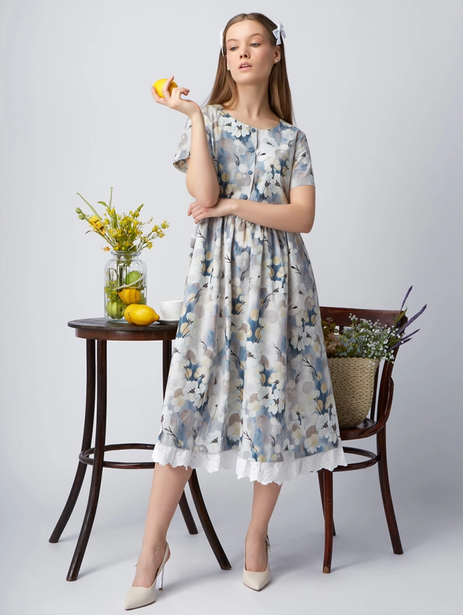 Платье из хлопка без воротника OD-727-9 крупные цветы на белом