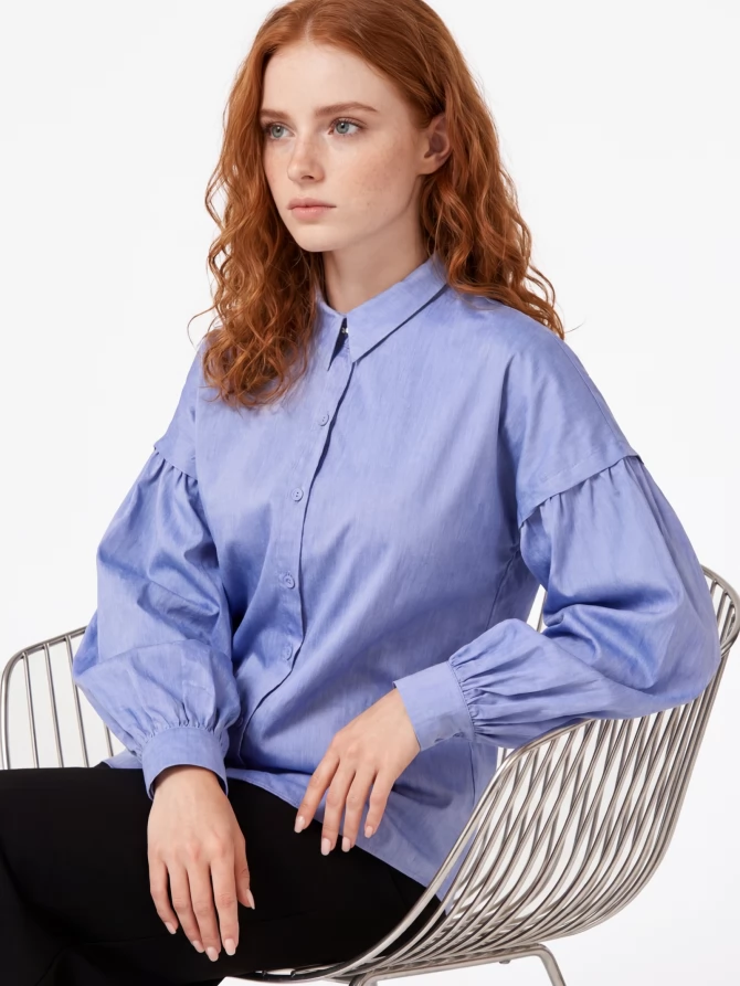 Рубашка с пышным рукавом OD-879-3 голубой джинс