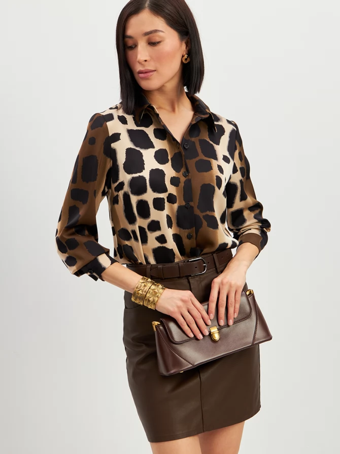 Блузка из атласной ткани OD-887-5 леопард коричневый с хаки
